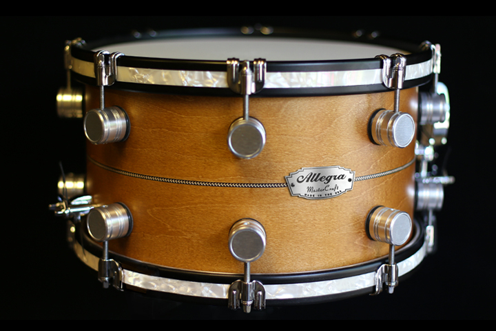 Allegra Drums 13 x 7.5 Snare in Vintage Maple with Herringbone Inlay and Antique Pearl Inlaid Hoops